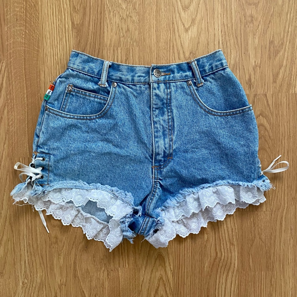Vintage 80s 90s Filippo Totti FT Lace Ribbon Denim Jean Shorts 7 8 High Rise XS